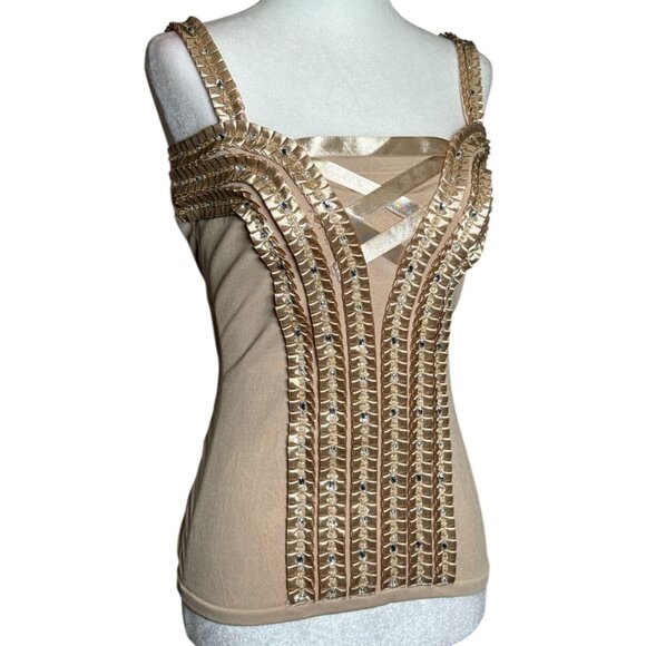 Leo Guy Size M Color Tan Sleeveless evening Top  Intricate Silver Rhine Stone - Picture 2 of 10